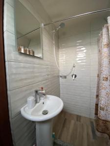 een witte badkamer met een wastafel en een douche bij Agora Farmhouse in Koman