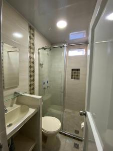 a bathroom with a shower and a toilet and a sink at Hotel Alameda Plaza in Cali