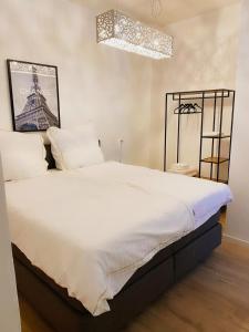ein Schlafzimmer mit einem großen weißen Bett und einem Kronleuchter in der Unterkunft Wohngut-City Apt. 1 Zi. 1 DB + 1 EZ 34 qm mit Parkplatz in Hagen