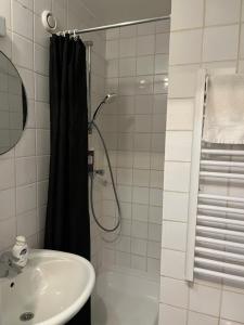 La salle de bains est pourvue d'une douche et d'un lavabo. dans l'établissement Flat brussels center, à Bruxelles