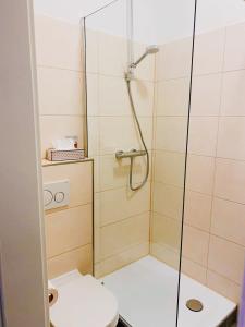 ein Bad mit einer Dusche und einem WC in der Unterkunft Wohngut-City Apt. 1 Zi. 1 DB + 1 EZ 34 qm mit Parkplatz in Hagen