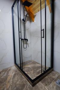 Han PijesakにあるVila Marija HPの木製の天井の客室で、ガラス張りのシャワーが備わります。