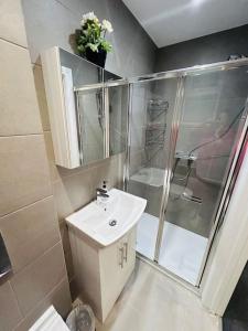 a bathroom with a sink and a shower at Cosy Studio near Emirates Stadium in London