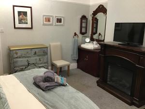 1 dormitorio con 1 cama con chimenea y TV en The Old Merchants House - The Vettriano Room, en Southampton