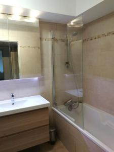 een badkamer met een douche, een wastafel en een spiegel bij Le Majestic T2 ~ Clim à 5 min gare St Roch in Montpellier