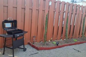 a grill sitting next to a fence with a cactus at Sunset Trailer Park RV # 2 in El Suazal