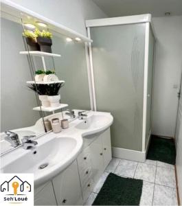 uma casa de banho branca com um lavatório e um chuveiro em Le batelier Seh’loué em Plérin