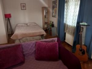 - un salon avec un canapé, un lit et une guitare dans l'établissement halit ev 2, à Istanbul