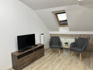 a living room with two chairs and a flat screen tv at Samadhi Aparthotel in Miercurea-Ciuc