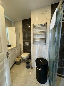 e bagno con servizi igienici e doccia in vetro. di İstanbul Relax Suite a Istanbul