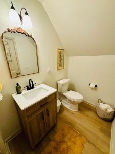 W łazience znajduje się umywalka, toaleta i lustro. w obiekcie Serenade Cottage in the Country w mieście Hanceville