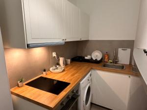 eine kleine Küche mit weißen Schränken und einem Waschbecken in der Unterkunft Rynek 6 in Posen