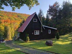 une maison noire avec un toit rouge dans l'herbe dans l'établissement Chalet unique et chaleureux en pleine nature, à Shawinigan