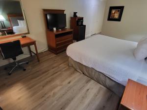a bedroom with a bed and a desk and a television at Ramada by Wyndham Houston Intercontinental Airport East in Humble
