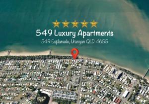 a map of a city with a red marker and five stars at 549 Luxury Apartments in Hervey Bay