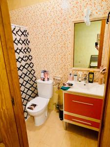 een vrouw zit op een toilet in een badkamer bij VINO DE MAYO in Caravaca de la Cruz