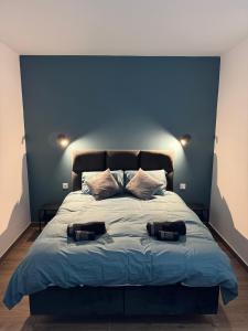 a blue bedroom with a bed with two pillows on it at Capital Heights Suite, Victoria in Victoria
