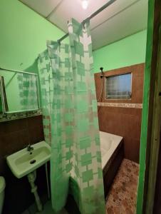 a bathroom with a sink and a shower curtain at Casa Las Azucenas in Sonsonate
