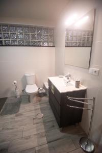 ein Badezimmer mit Toilette, Waschbecken und Spiegel in der Unterkunft Vista do Tagarete in Vila Franca do Campo + 3 Fotos