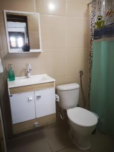 ein Badezimmer mit Toilette, Waschbecken und Dusche in der Unterkunft Casa de Praia Toca da Onça in São Miguel do Gostoso + 19 Fotos