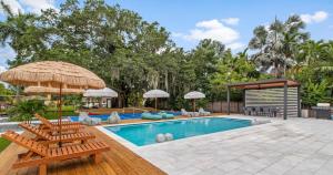 a swimming pool with two chairs and an umbrella at New Hidden Gem in Miami