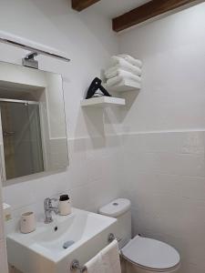 a bathroom with a sink and a toilet and a mirror at La casita Ronda in Ronda