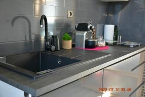 um balcão de cozinha com um lavatório na cozinha em Apartment near Old Town na Cracóvia