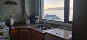 a kitchen counter with a sink and a window at Departamento Calle España - Vista Lago in San Carlos de Bariloche