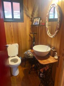 een badkamer met een wit toilet en een wastafel bij La Alegría in Alegre