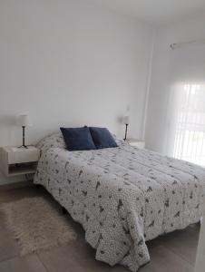 a white bedroom with a bed with a blue pillow at Mendoza Viejo Tonel in Mendoza