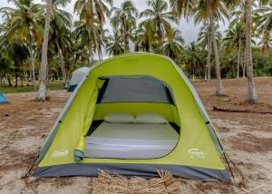 une tente verte sur une plage avec des palmiers dans l'établissement CASA DE CAMPO CASTILLETE dentro del PARQUE TAYRONA, à Santa Marta