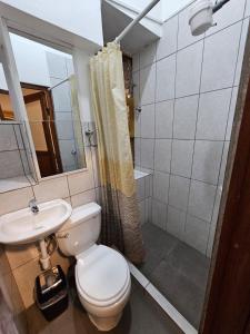 a bathroom with a toilet and a sink and a shower at Cusco el Conquistador in Cusco