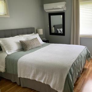 a bedroom with a bed with a mirror and a air compressor at Avenue of the Giants Caraway Cottage (#3) in Miranda
