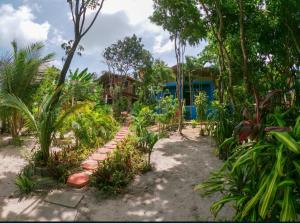 a garden with palm trees and a blue building at Caçadores de Aventuras Flats in Pipa