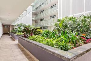 a large building with plants in a courtyard at Coastal 2-Bed Apartment near Beach in Deewhy