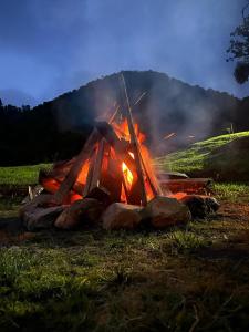 a bonfire in a field with rocks on it at Glamping Villa del Bosque in Santa Rosa de Cabal