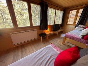 1 dormitorio con 2 camas, TV y ventanas en Chalet Vars, 5 pièces, 12 personnes - FR-1-773-6, en Vars