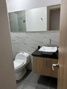 ein Badezimmer mit einem WC, einem Waschbecken und einem Spiegel in der Unterkunft Hospedaje LIZ in Tuluá