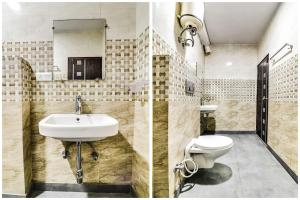- deux photos d'une salle de bains avec lavabo et toilettes dans l'établissement Super OYO Royal Continental, à New Delhi