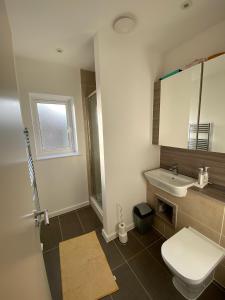 uma casa de banho com um WC branco e um lavatório. em Countryside Luxury House Harlow em Harlow