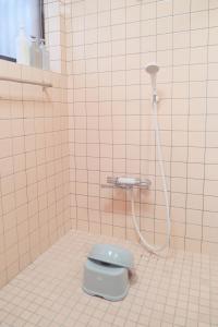 a bathroom with a blue toilet with a hose at 四万十川傍にある日本家屋まるごと「貸切宿　ほとり」 in Shimanto