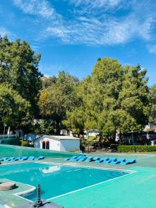 uma piscina vazia com espreguiçadeiras azuis em Club Santa Maria em Cuernavaca