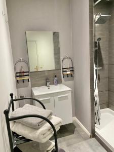 ein Bad mit einem Waschbecken, einem Spiegel und einer Dusche in der Unterkunft Ty Sarah Lomener in Lomener