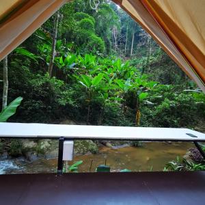 uma vista de dentro de uma tenda com vista para uma floresta em The camp Maekampong em Ban Pok Nai
