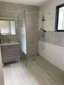 een badkamer met een douche en een wastafel bij Charmant T2 mitoyen neuf in Mios