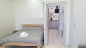 ein Schlafzimmer mit einem Bett und einen Flur mit einer Küche in der Unterkunft Apartment in Truskavets in Truskawez