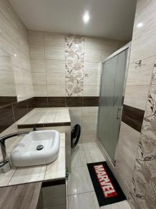 a bathroom with a sink and a shower at Apartmán Nitra - Klokočina in Nitra