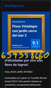 Certyfikat, podpis lub inny dokument wystawiony w obiekcie Pisos Vistalegre 2B con jardín cerca del mar