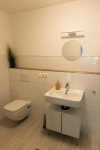 a bathroom with a sink and a toilet and a mirror at HUGOS Studio Apartment in Bensheim