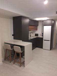 a kitchen with a table and chairs and a refrigerator at BYS SANTA FE APARTAMENTOS TURISTICOS in Lorca